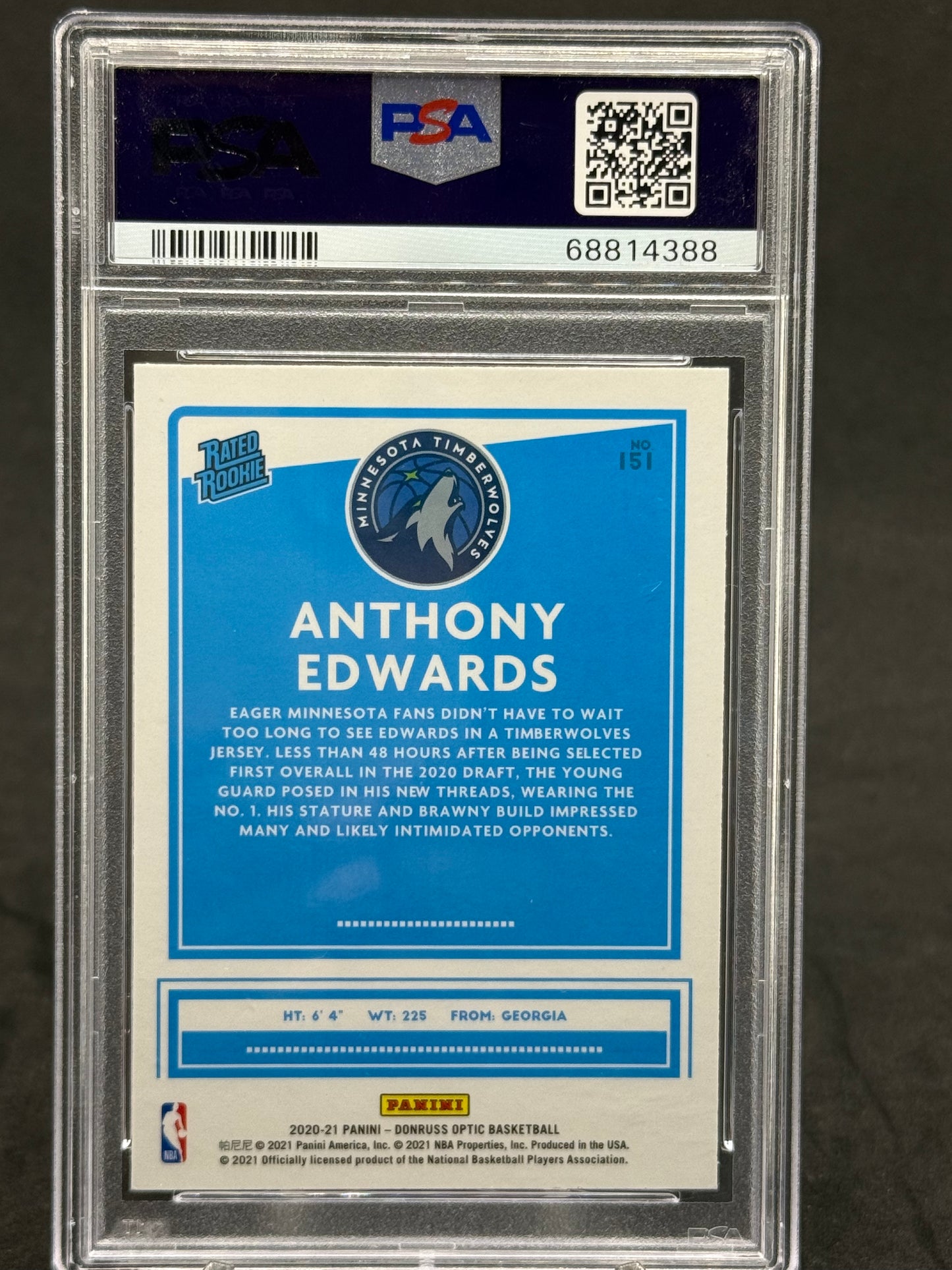 Anthony Edwards Minnesota Timberwolves 2020 Rated Rookie Donruss Optic PSA grade 8