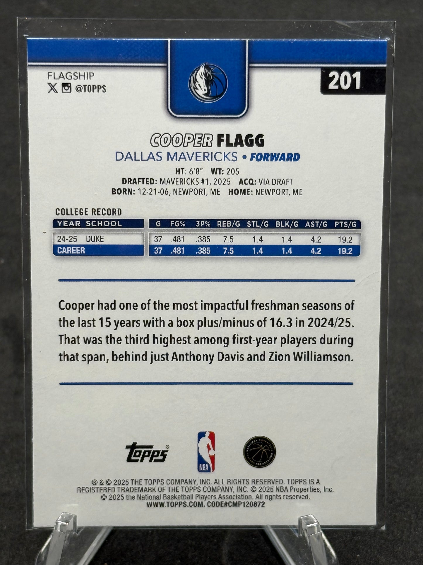 Cooper Flagg Dallas Mavericks Topps Rookie Card