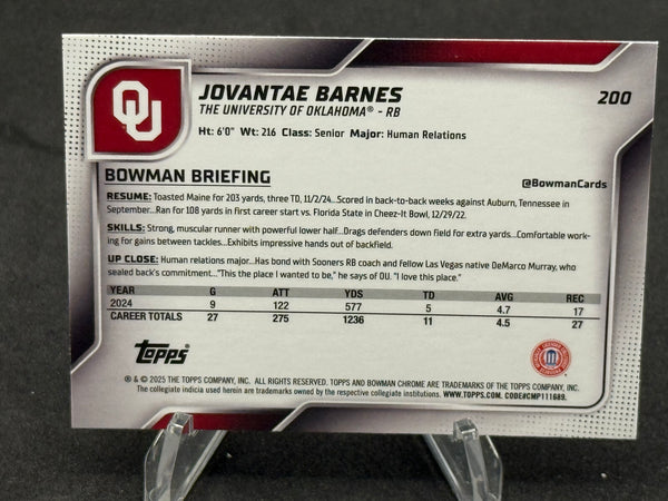 JOVANTAE BARNES Oklahoma Bowman U Chrome numbered 134/140