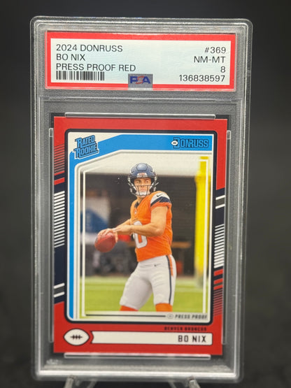 Bo Nix 2024 Denver Broncos Rated Rookie Press proof red PSA grade 8